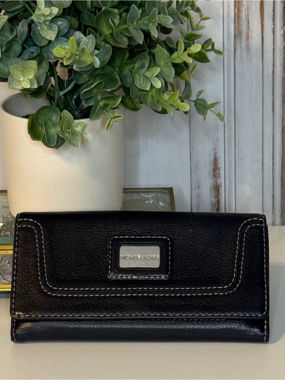 Michael Kors Black Pebbled Leather Large Trifold Wallet Silver Logo Hardware